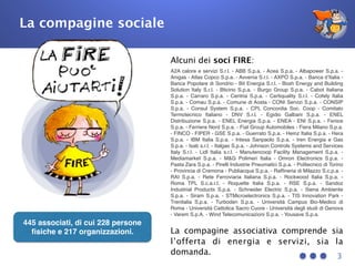 3
445 associati, di cui 228 persone
ﬁsiche e 217 organizzazioni.
La compagine sociale
Alcuni dei soci FIRE:
A2A calore e servizi S.r.l. - ABB S.p.a. - Acea S.p.a. - Albapower S.p.a. -
Anigas - Atlas Copco S.p.a. - Avvenia S.r.l. - AXPO S.p.a. - Banca d’Italia -
Banca Popolare di Sondrio - Bit Energia S.r.l. - Bosh Energy and Building
Solution Italy S.r.l. - Bticino S.p.a. - Burgo Group S.p.a. - Cabot Italiana
S.p.a. - Carraro S.p.a. - Centria S.p.a. - Certiquality S.r.l. - Cofely Italia
S.p.a. - Comau S.p.a. - Comune di Aosta - CONI Servizi S.p.a. - CONSIP
S.p.a. - Consul System S.p.a. - CPL Concordia Soc. Coop - Comitato
Termotecnico Italiano - DNV S.r.l. - Egidio Galbani S.p.a. - ENEL
Distribuzione S.p.a. - ENEL Energia S.p.a. - ENEA - ENI S.p.a. - Fenice
S.p.a. - Ferriere Nord S.p.a. - Fiat Group Automobiles - Fiera Milano S.p.a.
- FINCO - FIPER - GSE S.p.a. - Guerrato S.p.a. - Heinz Italia S.p.a. - Hera
S.p.a. - IBM Italia S.p.a. - Intesa Sanpaolo S.p.a. - Iren Energia e Gas
S.p.a. - Isab s.r.l. - Italgas S.p.a. - Johnson Controls Systems and Services
Italy S.r.l. - Lidl Italia s.r.l. - Manutencoop Facility Management S.p.a. -
Mediamarket S.p.a. - M&G Polimeri Italia - Omron Electronics S.p.a. -
Pasta Zara S.p.a. - Pirelli Industrie Pneumatici S.p.a. - Politecnico di Torino
- Provincia di Cremona - Publiacqua S.p.a. - Rafﬁneria di Milazzo S.c.p.a. -
RAI S.p.a. - Rete Ferroviaria Italiana S.p.a. - Rockwood Italia S.p.a. -
Roma TPL S.c.a.r.l. - Roquette Italia S.p.a. - RSE S.p.a. - Sandoz
Industrial Products S.p.a. - Schneider Electric S.p.a. - Siena Ambiente
S.p.a. - Siram S.p.a. - STMicroelectronics S.p.a. - TIS Innovation Park -
Trenitalia S.p.a. - Turboden S.p.a. - Università Campus Bio-Medico di
Roma - Università Cattolica Sacro Cuore - Università degli studi di Genova
- Varem S.p.A. - Wind Telecomunicazioni S.p.a. - Yousave S.p.a.
La compagine associativa comprende sia
l’offerta di energia e servizi, sia la
domanda.
 