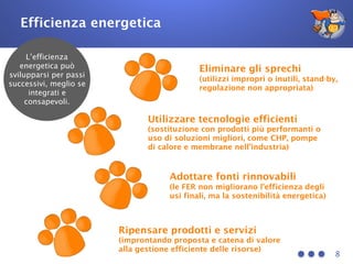 Efficienza energetica
8
Eliminare gli sprechi
(utilizzi impropri o inutili, stand-by,
regolazione non appropriata)
Utilizzare tecnologie efficienti
(sostituzione con prodotti più performanti o
uso di soluzioni migliori, come CHP, pompe
di calore e membrane nell’industria)
Adottare fonti rinnovabili
(le FER non migliorano l’efficienza degli
usi finali, ma la sostenibilità energetica)
L’efficienza
energetica può
svilupparsi per passi
successivi, meglio se
integrati e
consapevoli.
Ripensare prodotti e servizi
(improntando proposta e catena di valore
alla gestione efficiente delle risorse)
 