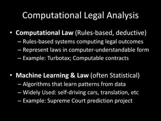 Computational Legal Analysis
• Computational Law (Rules-based, deductive)
– Rules-based systems computing legal outcomes
–...