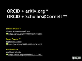 Simeon Warner *
simeon.warner@cornell.edu
https://orcid.org/0000-0002-7970-7855
Sandy Payette **
sdp6@cornell.edu
http://orcid.org/0000-0002-8326-302X
Gail Steinhart
gss1@cornell.edu
https://orcid.org/0000-0002-2441-1651
ORCID + arXiv.org *
ORCID + Scholars@Cornell **
 