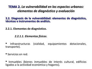 TEMA 2.TEMA 2. La vulnerabilidad en los espacios urbanos:La vulnerabilidad en los espacios urbanos:
elementos de diagnóstico y evaluaciónelementos de diagnóstico y evaluación
2.2. Diagnosis de la vulnerabilidad: elementos de diagnóstico,2.2. Diagnosis de la vulnerabilidad: elementos de diagnóstico,
técnicas e instrumentos de análisis.técnicas e instrumentos de análisis.
2.2.1. Elementos de diagnóstico.
2.2.1.1. Elementos físicos.
 Infraestructuras (vialidad, equipamientos dotacionales,
transporte).
 Servicios en red.
 Inmuebles (bienes inmuebles de interés cultural, edificios
ligados a la actividad económica y hogares).
 