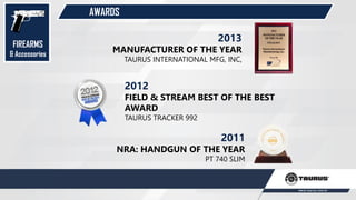 AWARDS
2012
FIELD & STREAM BEST OF THE BEST
AWARD
TAURUS TRACKER 992
2011
NRA: HANDGUN OF THE YEAR
PT 740 SLIM
2013
MANUFACTURER OF THE YEAR
TAURUS INTERNATIONAL MFG, INC,
FIREARMS
& Accessories
 
