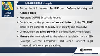 TAURUS DEFENSE - Targets
TAURUS
DEFENSE
Act as the link between TAURUS and Defense Ministry and
Armed Forces;
Represent TAURUS in specific forums;
Contribute on the process of consolidation of the TAURUS’
brand to the concepts of quality, safe, security and reliability;
Contribute on the sales growth, in particularly, to Armed Forces;
Manage the work related to the relevant legislation to the EED
(Strategic Defense Companies) and others inherent legal
frameworks of the company’s activity,
 