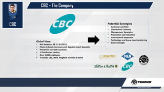 CBC
Global View:
• Net Revenue: R$ 2.3 Bi (2015)
• Plants in Brazil, Germany and Republic Czech Republic
• Present in over 100 countries
• 3 Distribution centers
• Over 3,600 employees
• 4 brands: CBC, MEN, Magtech e Sellier & Bellot
Potential Synergies
• Customer portfolio
• Distribution Channels
• Management Synergies
• Production cost reduction
• International expansion
• Technology and know-how transferring
• Brand strength
CBC – The Company
 