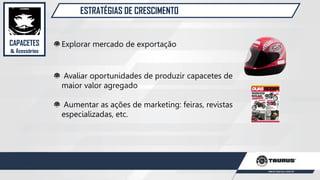 ESTRATÉGIAS DE CRESCIMENTO
CAPACETES
& Acessórios
Explorar mercado de exportação
Avaliar oportunidades de produzir capacetes de
maior valor agregado
Aumentar as ações de marketing: feiras, revistas
especializadas, etc.
 