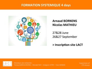 Directeurs	de	recherche	:		
Teresa	GARCIA-RIVERA	–	Wendel	RAY	–	Grégoire	VITRY	–	Yves	WINKIN	
																	Supervision	of	
																				CTS	Arezzo			
FORMATION	SYSTEMIQUE	4	days	
Arnaud	BORNENS	
Nicolas	MATHIEU	
	
27&28	June	
26&27	September	
	
>	Inscrip,on	site	LACT	
 