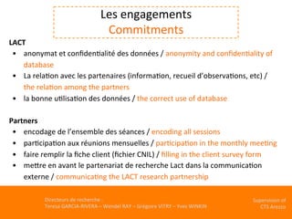 Directeurs	de	recherche	:		
Teresa	GARCIA-RIVERA	–	Wendel	RAY	–	Grégoire	VITRY	–	Yves	WINKIN	
Supervision	of	
CTS	Arezzo		
LACT		
•  anonymat	et	conﬁdenKalité	des	données	/	anonymity	and	conﬁdenKality	of	
database	
•  La	relaKon	avec	les	partenaires	(informaKon,	recueil	d’observaKons,	etc)	/		
the	relaKon	among	the	partners	
•  la	bonne	uKlisaKon	des	données	/	the	correct	use	of	database	
	
Partners	
•  encodage	de	l’ensemble	des	séances	/	encoding	all	sessions	
•  parKcipaKon	aux	réunions	mensuelles	/	parKcipaKon	in	the	monthly	meeKng	
•  faire	remplir	la	ﬁche	client	(ﬁchier	CNIL)	/	ﬁlling	in	the	client	survey	form	
•  meVre	en	avant	le	partenariat	de	recherche	Lact	dans	la	communicaKon	
externe	/	communicaKng	the	LACT	research	partnership	
	
Les	engagements	
Commitments		
	
	
 