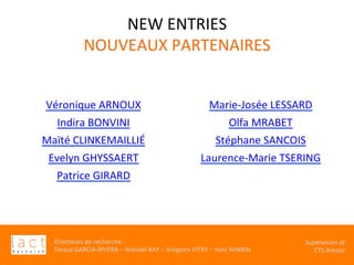 Directeurs	de	recherche	:		
Teresa	GARCIA-RIVERA	–	Wendel	RAY	–	Grégoire	VITRY	–	Yves	WINKIN	
																	Supervision	of	
																				CTS	Arezzo			
	
	
	
	
	
	
	
	
NEW	ENTRIES		
NOUVEAUX	PARTENAIRES	
	
Véronique	ARNOUX	
Indira	BONVINI	
Maïté	CLINKEMAILLIÉ	
Evelyn	GHYSSAERT	
Patrice	GIRARD	
	
Marie-Josée	LESSARD	
Olfa	MRABET	
Stéphane	SANCOIS	
Laurence-Marie	TSERING	
	
	
	
	
	
 