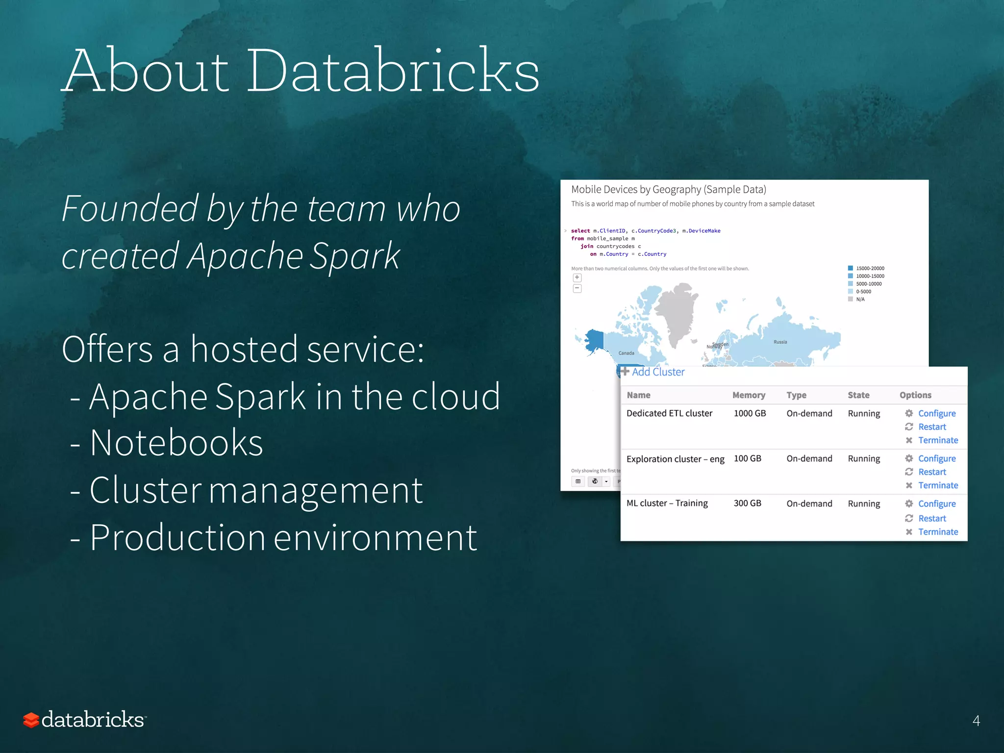 Founded by the team who
created ApacheSpark
Offers a hosted service:
- Apache Spark in the cloud
- Notebooks
- Clustermanagement
- Productionenvironment
About Databricks
4
 