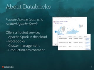 Founded by the team who
created ApacheSpark
Offers a hosted service:
- Apache Spark in the cloud
- Notebooks
- Clustermanagement
- Productionenvironment
About Databricks
4
 