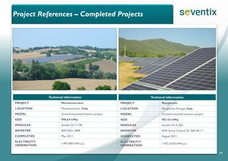 Project References – Completed Projects
14
Technical information
PROJECT Montemarciano
LOCATION Montemarciano, Italy
MODEL Ground-mounted investor project
SIZE 998.64 kWp
MODULES Sovello SV-T-190
INVERTER REFUSOL 500K
COMPLETED May 2011
ELECTRICITY
GENERATION
1,497,960 kWh p.a.
Technical information
PROJECT Margherita
LOCATION Margherita, Perugia, Italy
MODEL Ground-mounted investor project
SIZE 981.54 kWp
MODULES Sovello SV-X-205
INVERTER SMA Sunny Central SC 500 HE-11
COMPLETED August 2011
ELECTRICITY
GENERATION
1,472,310.0 kWh p.a.
 