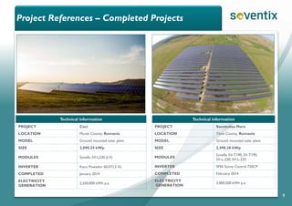 Project References – Completed Projects
9
Technical information
PROJECT Cuci
LOCATION Mures County, Romania
MODEL Ground mounted solar plant
SIZE 2,090.24 kWp
MODULES Sovello SV-L230 (LV)
INVERTER Kaco Powador 60.0TL3 XL
COMPLETED January 2014
ELECTRICITY
GENERATION
2,550,000 kWh p.a.
Technical information
PROJECT Sannicolau Mare
LOCATION Timis County, Romania
MODEL Ground mounted solar plant
SIZE 2,498.28 kWp
MODULES
Sovello SV-T190, SV-T195,
SV-L-230, SV-L-235
INVERTER SMA Sunny Central 720CP
COMPLETED February 2014
ELECTRICITY
GENERATION
3,000,500 kWh p.a.
 