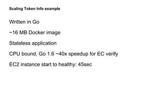 Written in Go
~16 MB Docker image
Stateless application
CPU bound, Go 1.6 ~40x speedup for EC verify
EC2 instance start to healthy: 45sec
Scaling Token Info example
 