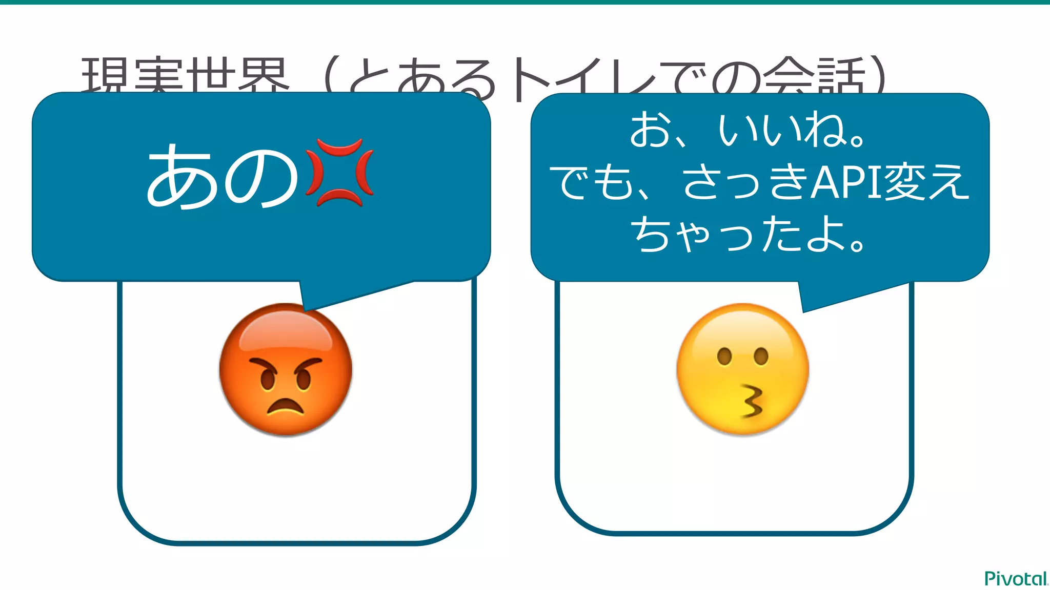 Team BTeam A 現実世界（とあるトイレでの会話） 😕 😗 おたくのチームのAPI 使ってテストするの に時間かかったよ〜 お、いいね。 でも、さっきAPI変え ちゃったよ。 😡 あの💢 