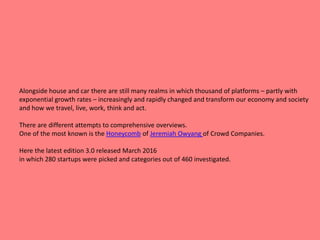 Alongside house and car there are still many realms in which thousand of platforms – partly with
exponential growth rates – increasingly and rapidly changed and transform our economy and society
and how we travel, live, work, think and act.
There are different attempts to comprehensive overviews.
One of the most known is the Honeycomb of Jeremiah Owyang of Crowd Companies.
Here the latest edition 3.0 released March 2016
in which 280 startups were picked and categories out of 460 investigated.
 