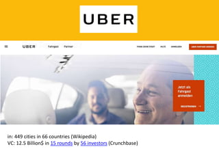 in: 449 cities in 66 countries (Wikipedia)
VC: 12.5 Billion$ in 15 rounds by 56 investors (Crunchbase)
 