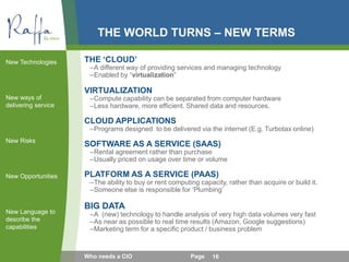 THE WORLD TURNS – NEW TERMS
THE ‘CLOUD’
–A different way of providing services and managing technology
–Enabled by “virtualization”
VIRTUALIZATION
–Compute capability can be separated from computer hardware
–Less hardware, more efficient. Shared data and resources.
CLOUD APPLICATIONS
–Programs designed to be delivered via the internet (E.g. Turbotax online)
SOFTWARE AS A SERVICE (SAAS)
–Rental agreement rather than purchase
–Usually priced on usage over time or volume
PLATFORM AS A SERVICE (PAAS)
–The ability to buy or rent computing capacity, rather than acquire or build it.
–Someone else is responsible for ‘Plumbing’
BIG DATA
–A (new) technology to handle analysis of very high data volumes very fast
–As near as possible to real time results (Amazon, Google suggestions)
–Marketing term for a specific product / business problem
New Technologies
New ways of
delivering service
New Risks
New Opportunities
New Language to
describe the
capabilities
16Who needs a CIO Page
 