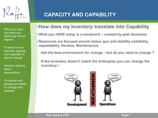 CAPACITY AND CAPABILITY
•How does my Inventory translate into Capability
• What you HAVE today is a constraint – created by past decisions
• Resources are focused around status quo and stability (reliability,
repeatability, Routine, Maintenance)
–Not the best environment for change – but do you need to change ?
–If the Inventory doesn’t match the Enterprise you can change the
inventory !
What you have
and what you
need may not be
aligned
IT tends to over
estimate capacity
and capability to
deliver change
Result is delivery
below
expectations
Processes and
people are harder
to change than
systems
Page 7Who needs a CIO?
 