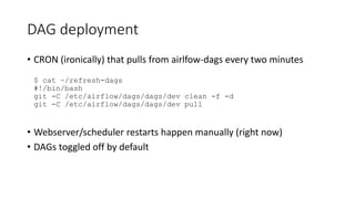 DAG deployment
• CRON (ironically) that pulls from airlfow-dags every two minutes
$ cat ~/refresh-dags
#!/bin/bash
git -C ...