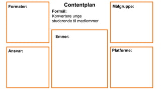 Formål:
Konvertere unge
studerende til medlemmer
Emner:
Målgruppe:
Platforme:
Formater:
Ansvar:
Contentplan
 