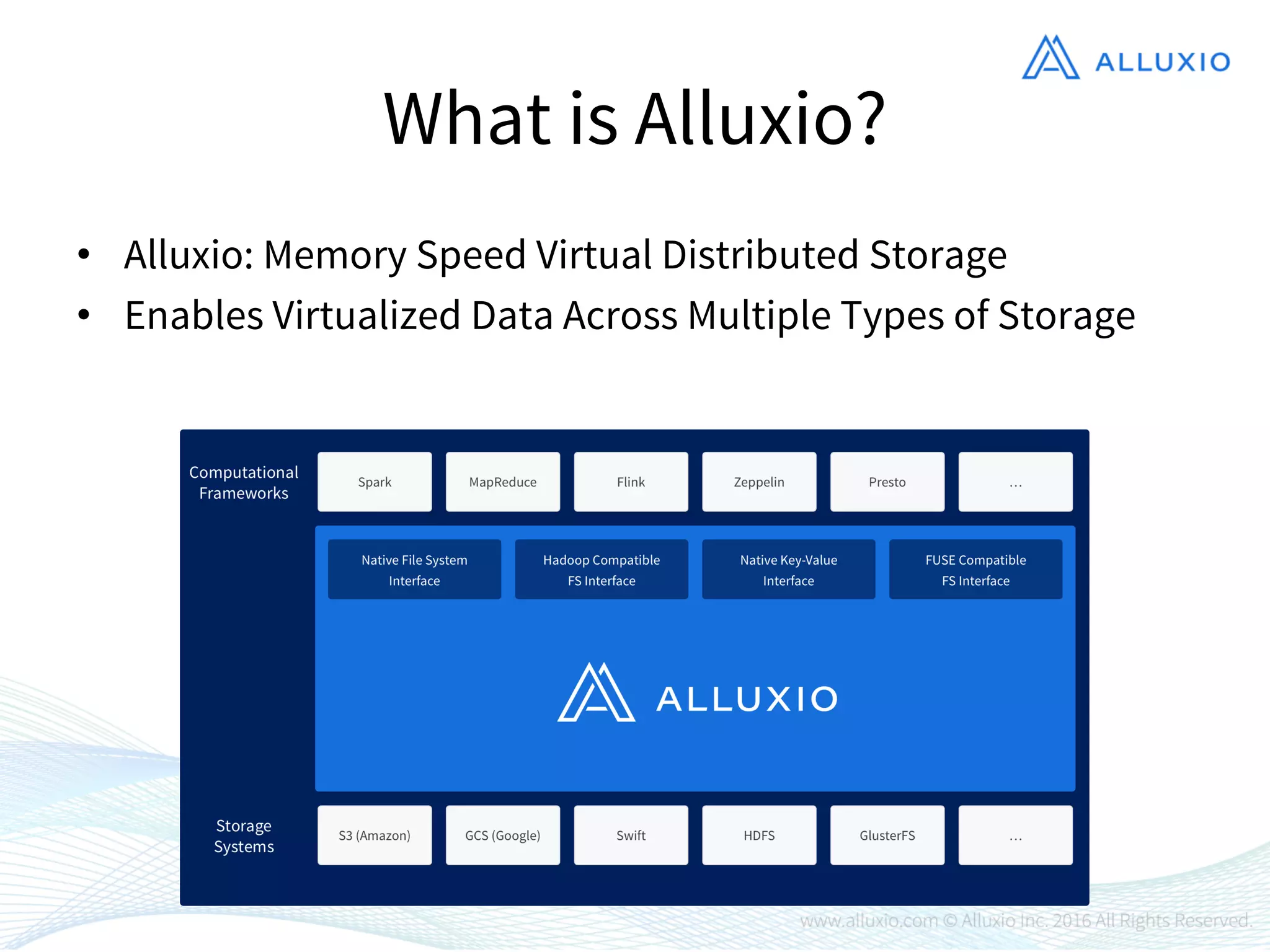 What is Alluxio?
• Alluxio: Memory Speed Virtual Distributed Storage
• Enables Virtualized Data Across Multiple Types of Storage
 