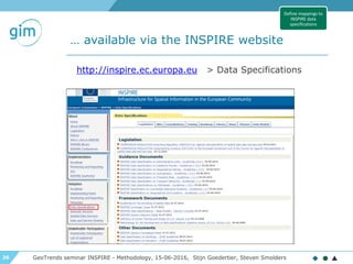 26
… available via the INSPIRE website
GeoTrends seminar INSPIRE - Methodology, 15-06-2016, Stijn Goedertier, Steven Smolders
http://inspire.ec.europa.eu > Data Specifications
Define mappings to
INSPIRE data
specifications
 