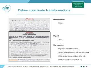 36
Define coordinate transformations
GeoTrends seminar INSPIRE - Methodology, 15-06-2016, Stijn Goedertier, Steven Smolders
Define mappings to
INSPIRE data
specifications
Reference system:
ETRS89
Map projection:
2D geodetic in ETRS89 on GRS80
ETRS89 Lambert Azimuthal Equal Area (ETRS-LAEA)
ETRS89 Lambert Conformal Conic (ETRS-LCC)
ETRS Transverse Mercator (ETRS-TMxx)
Ellipsoid:
GRS80
 