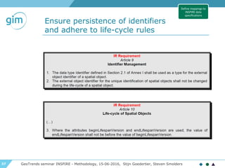 37
Ensure persistence of identifiers
and adhere to life-cycle rules
GeoTrends seminar INSPIRE - Methodology, 15-06-2016, Stijn Goedertier, Steven Smolders
Define mappings to
INSPIRE data
specifications
 