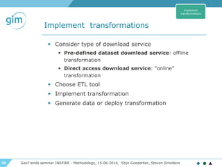 40
Implement transformations
GeoTrends seminar INSPIRE - Methodology, 15-06-2016, Stijn Goedertier, Steven Smolders
▶ Consider type of download service
▶ Pre-defined dataset download service: offline
transformation
▶ Direct access download service: “online”
transformation
▶ Choose ETL tool
▶ Implement transformation
▶ Generate data or deploy transformation
Implement
transformations
 
