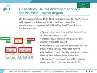 53
Case study: ATOM download services
for Brussels Capital Region
GeoTrends seminar INSPIRE - Methodology, 15-06-2016, Stijn Goedertier, Steven Smolders
On the basis of these ISO19139 metadatarecords, GeoNetwork
will expose the following service endpoints together
constituting a complete INSPIRE ATOM feed/OpenSearch
implementation:
▶ Top level service feed on the basis of the
service metadata record
▶ Dataset level feed on the basis of the
dataset metadata record
▶ OpenSearch description document on the
basis of the service metadata record
▶ OpenSearch describedBy operation on the
basis of the dataset level Atom feed
▶ OpenSearch download operation giving
direct access to the downloadable file
Implement download
service
(ATOM/OpenSearch
or WFS)
 