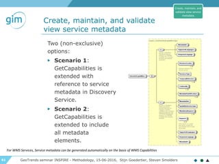 61
Create, maintain, and validate
view service metadata
GeoTrends seminar INSPIRE - Methodology, 15-06-2016, Stijn Goedertier, Steven Smolders
Two (non-exclusive)
options:
▶ Scenario 1:
GetCapabilities is
extended with
reference to service
metadata in Discovery
Service.
▶ Scenario 2:
GetCapabilities is
extended to include
all metadata
elements.
Create, maintain, and
validate view service
metadata
For WMS Services, Service metadata can be generated automatically on the basis of WMS Capabilities
 