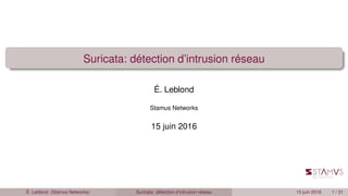 Suricata: détection d’intrusion réseau
É. Leblond
Stamus Networks
15 juin 2016
É. Leblond (Stamus Networks) Suricata: détection d’intrusion réseau 15 juin 2016 1 / 31
 