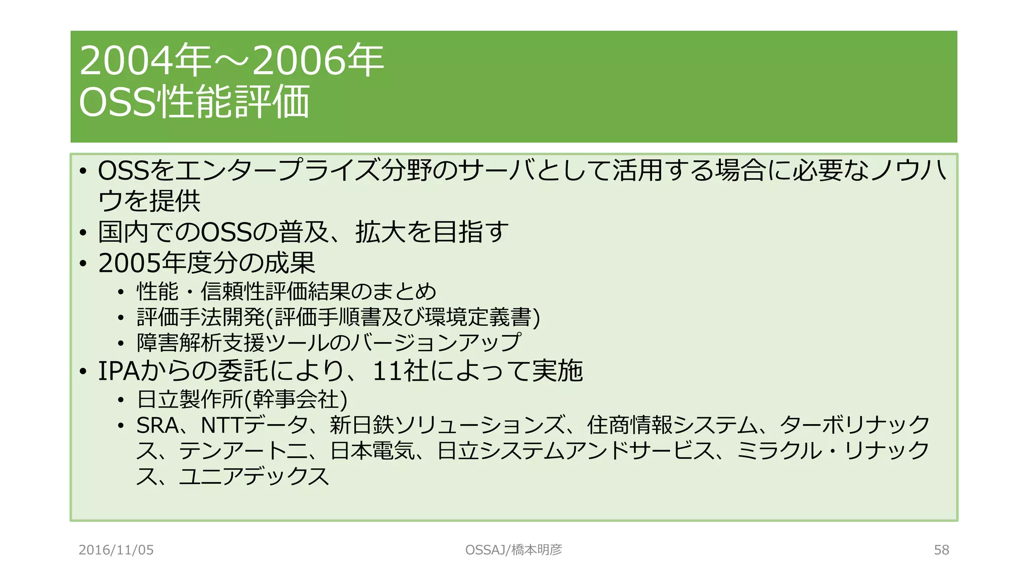 • OSSをエンタープライズ分野のサーバとして活用する場合に必要なノウハ
ウを提供
• 国内でのOSSの普及、拡大を目指す
• 2005年度分の成果
• 性能・信頼性評価結果のまとめ
• 評価手法開発(評価手順書及び環境定義書)
• 障害解析支援ツールのバージョンアップ
• IPAからの委託により、11社によって実施
• 日立製作所(幹事会社)
• SRA、NTTデータ、新日鉄ソリューションズ、住商情報システム、ターボリナック
ス、テンアートニ、日本電気、日立システムアンドサービス、ミラクル・リナック
ス、ユニアデックス
2004年～2006年
OSS性能評価
2016/11/05 OSSAJ/橋本明彦 58
 