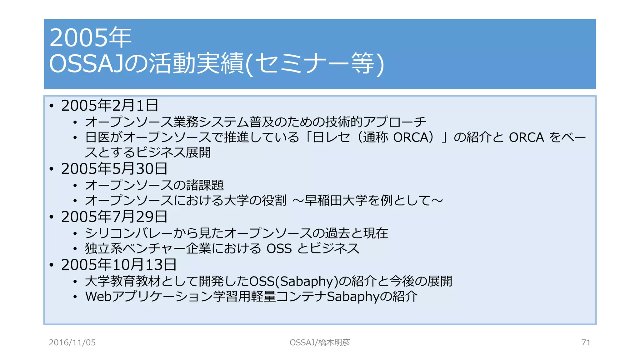 • 2005年2月1日
• オープンソース業務システム普及のための技術的アプローチ
• 日医がオープンソースで推進している「日レセ（通称 ORCA）」の紹介と ORCA をベー
スとするビジネス展開
• 2005年5月30日
• オープンソースの諸課題
• オープンソースにおける大学の役割 ～早稲田大学を例として～
• 2005年7月29日
• シリコンバレーから見たオープンソースの過去と現在
• 独立系ベンチャー企業における OSS とビジネス
• 2005年10月13日
• 大学教育教材として開発したOSS(Sabaphy)の紹介と今後の展開
• Webアプリケーション学習用軽量コンテナSabaphyの紹介
2005年
OSSAJの活動実績(セミナー等)
2016/11/05 OSSAJ/橋本明彦 71
 