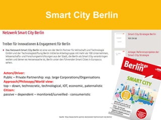 Smart City Berlin
Quelle: http://www.berlin-partner.de/standort-berlin/smart-city-berlin/
Actors/Driver:
Public – Private Partnership: esp. large Corporations/Organisations
Approach/Philosopy/World view:
top – down, technocratic, technological, IOT, economic, paternalistic
Citizen:
passive – dependent – monitored/surveilled - consumeristic
 