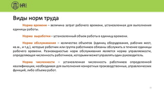 Виды	норм	труда
Норма времени – величина затрат рабочего времени, установленная для выполнения
единицы работы.
Норма выработки– установленный объем работыв единицувремени.
Норма обслуживания – количество объектов (единиц оборудования, рабочих мест,
кв.м., и т.д.), которые работник или группа работников обязаны обслужить в течение единицы
рабочего времени. Разновидностью норм обслуживания является норма управляемости,
определяющая численность работников,которыми можетуправлятьодин руководитель.
Норма численности – установленная численность работников определенной
квалификации, необходимая для выполнения конкретных производственных, управленческих
функций, либо объема работ.
15
 