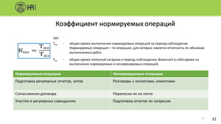 Коэффициент	нормируемых	операций
где:
Тно - общее	время	выполнения	нормируемых	операций	за	период	наблюдения.	
Нормируемые	операции	– те	операции,	для	которых	имеется	отчетность	по	объемам	
выполняемых	работ.
Тпз - общее	время	полезной	загрузки	в	период	наблюдения.	Включает	в	себя	время	на	
выполнение	нормируемых	и	ненормируемых	операций.
32
Нормируемые операции Ненормируемые	операции
Подготовка	регулярных	отчетов,	актов Разговоры	с	коллегами,	клиентами
Согласование	договора Переписка	по	эл.почте
Участие	в	регулярных	совещаниях Подготовка	отчетов	по	запросам
32
 