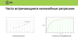 Часто	встречающиеся	нелинейные	регресиии
y	=	1,5112e0,4103x
R²	=	0,99992
0
1
2
3
4
5
6
7
8
9
0 0,5 1 1,5 2 2,5 3 3,5 4 4,5
Экспоненциальная Степенная	и	логарифмическая
 