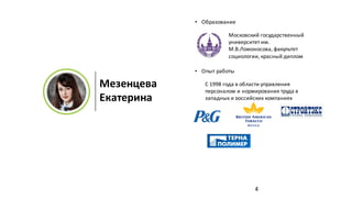 Мезенцева
Екатерина
• Образование
• Опыт	работы
Московский	государственный	
университет	им.	
М.В.Ломоносова,	факультет	
социологии,	красный	диплом
С	1998	года	в	области	управления	
персоналом	и	нормирования	труда	в	
западных	и	российских	компаниях
4
 