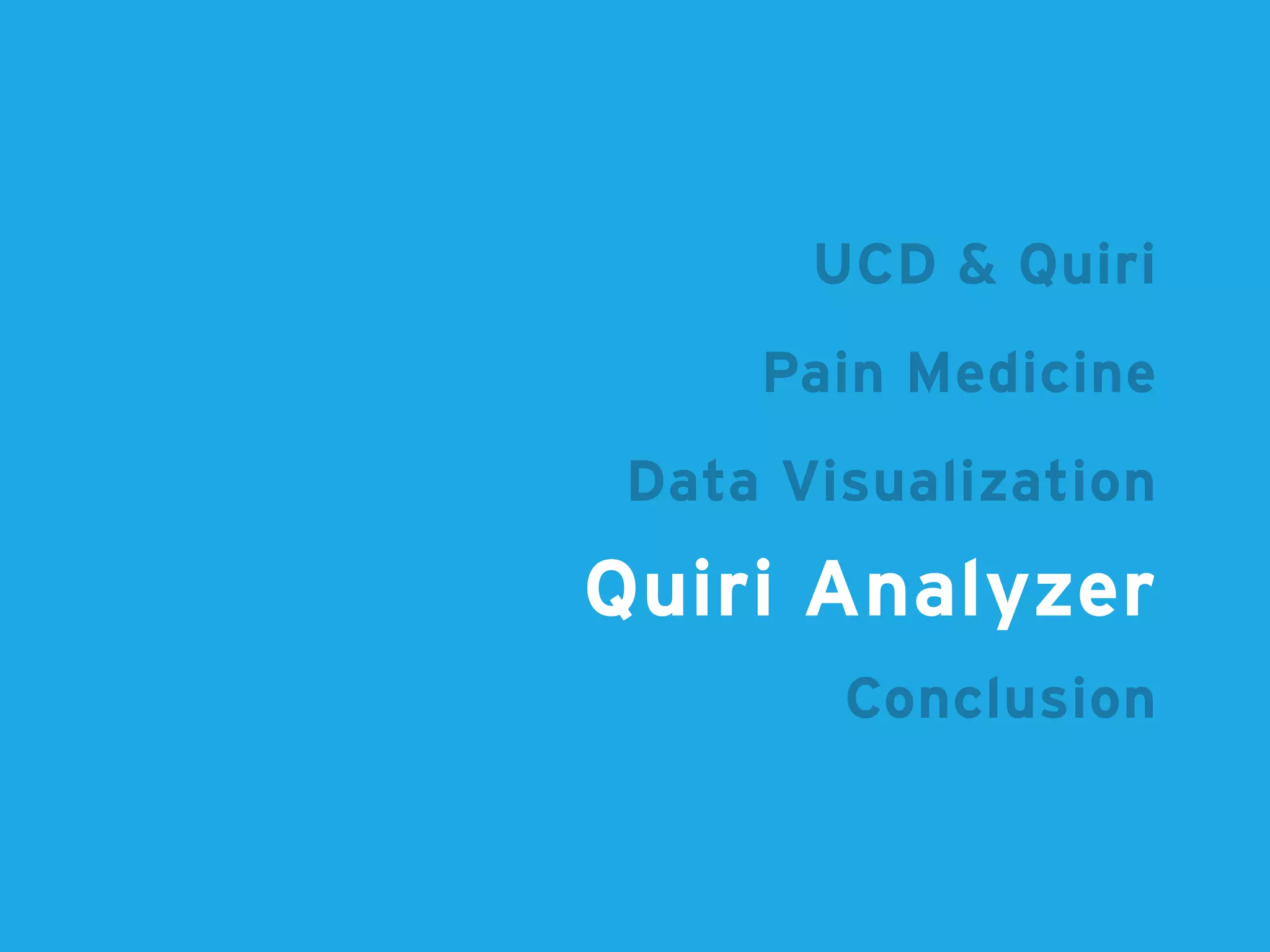 Data Visualization
Pain Medicine
Quiri Analyzer
Conclusion
UCD & Quiri
 