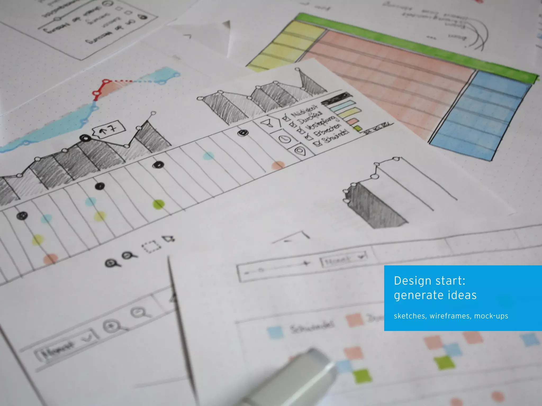 Design start:  
generate ideas
sketches, wireframes, mock-ups
 