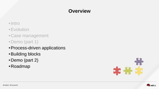 Overview
● Intro
● Evolution
● Case management
● Demo (part 1)
● Process-driven applications
● Building blocks
● Demo (part 2)
● Roadmap
 