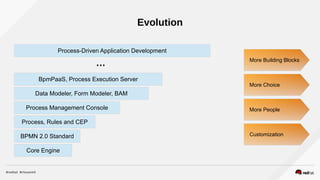 Evolution
Core Engine
BPMN 2.0 Standard
Process, Rules and CEP
Process Management Console
Data Modeler, Form Modeler, BAM
BpmPaaS, Process Execution Server
Process-Driven Application Development
More Building Blocks
More Choice
More People
Customization
 