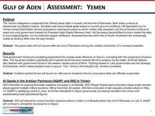 ASSESSMENT:
Political
The Yemeni delegations suspended the UN-led peace talks in Kuwait until the end of Ramadan. Both sides continue to
disseminate conciliatory rhetoric, but likely hold irreconcilable goals based on current ground conditions. UN Special Envoy for
Yemen Ismail Ould Cheikh Ahmed proposed a roadmap for peace to which neither side assented, and the al Houthis continue to
reject any unity government headed by President Abdu Rabbu Mansour Hadi. UN Secretary-General Ban Ki-moon visited the talks
to encourage progress, but his overtures appear ineffective. Assessed fissures within the al Houthi movement are increasingly
visible as factions differ over the way forward.
Outlook: The peace talks will not resume after the end of Ramadan barring the unlikely introduction of a renewed ceasefire.
Security
Hadi government forces are escalating preparations for a large-scale offensive on Sana’a, coinciding with the suspension of peace
talks. The Saudi-led coalition reportedly sent material reinforcements towards Ma’rib to prepare for the battle. Al Houthi fighters
also clashed with government forces in the eastern capital suburb of Nihm. Fighting slowed in Lahij governorate near the strategic
al Anad base, which military leaders insist is secure. Taiz, Yemen’s third-largest city, remains contested.
Outlook: Coalition-backed forces will launch an offensive to recapture Sana’a once peace talks are officially suspended.
Al Qaeda in the Arabian Peninsula (AQAP) and ISIS in Yemen
ISIS intensified its ongoing Ramadan explosive campaign in al Mukalla. ISIS Wilayat Hadramawt conducted a large-scale complex
attack against multiple military locations, killing more than 40 people. ISIS last conducted a high-casualty complex attack on May
12. AQAP is solidifying control in Ja’ar, its former stronghold in Abyan governorate, by freeing members from prison and
assassinating local oppositional figures.
Outlook: ISIS will attempt to conduct another explosive attack in Aden or al Mukalla before the end of Ramadan on July 5. AQAP
will continue to strengthen its presence in Abyan.
4
YEMENGULF OF ADEN
 