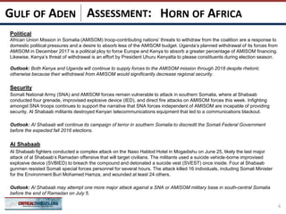 ASSESSMENT:
Political
African Union Mission in Somalia (AMISOM) troop-contributing nations’ threats to withdraw from the coalition are a response to
domestic political pressures and a desire to absorb less of the AMISOM budget. Uganda’s planned withdrawal of its forces from
AMISOM in December 2017 is a political ploy to force Europe and Kenya to absorb a greater percentage of AMISOM financing.
Likewise, Kenya’s threat of withdrawal is an effort by President Uhuru Kenyatta to please constituents during election season.
Outlook: Both Kenya and Uganda will continue to supply forces to the AMISOM mission through 2018 despite rhetoric
otherwise because their withdrawal from AMISOM would significantly decrease regional security.
Security
Somali National Army (SNA) and AMISOM forces remain vulnerable to attack in southern Somalia, where al Shabaab
conducted four grenade, improvised explosive device (IED), and direct fire attacks on AMISOM forces this week. Infighting
amongst SNA troops continues to support the narrative that SNA forces independent of AMISOM are incapable of providing
security. Al Shabaab militants destroyed Kenyan telecommunications equipment that led to a communications blackout.
Outlook: Al Shabaab will continue its campaign of terror in southern Somalia to discredit the Somali Federal Government
before the expected fall 2016 elections.
Al Shabaab
Al Shabaab fighters conducted a complex attack on the Naso Hablod Hotel in Mogadishu on June 25, likely the last major
attack of al Shabaab’s Ramadan offensive that will target civilians. The militants used a suicide vehicle-borne improvised
explosive device (SVBIED) to breach the compound and detonated a suicide vest (SVEST) once inside. Four al Shabaab
gunmen resisted Somali special forces personnel for several hours. The attack killed 16 individuals, including Somali Minister
for the Environment Buri Mohamed Hamza, and wounded at least 24 others.
Outlook: Al Shabaab may attempt one more major attack against a SNA or AMISOM military base in south-central Somalia
before the end of Ramadan on July 5.
6
HORN OF AFRICAGULF OF ADEN
 