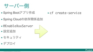 © 2016 Pivotal Software, Inc. All rights reserved.
• Spring Boot
• Spring Cloud
• @EnableXxxServer
•
•
•
• cf create-service
 