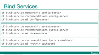 © 2016 Pivotal Software, Inc. All rights reserved.
Bind Services
cf bind-service membership config-server
cf bind-service recommendations config-server
cf bind-service ui config-server
cf bind-service membership eureka-server
cf bind-service recommendations eureka-server
cf bind-service ui eureka-server
cf bind-service recommendations hystrix-dashboard
cf bind-service ui hystrix-dashboard
 