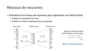 Réseaux de neurones
• Utilisation d’un réseau de neurones pour apprendre une tâche fictive
• Prédire le contexte d’un mot
...