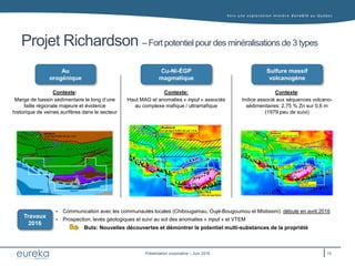 Vers une exploration minière durable au Q uébec
Présentation corporative – Juin 2016
Projet Richardson – Fort potentiel pour des minéralisations de 3 types
Au
orogénique
Cu-Ni-ÉGP
magmatique
Sulfure massif
volcanogène
Contexte:
Marge de bassin sédimentaire le long d’une
faille régionale majeure et évidence
historique de veines aurifères dans le secteur
Contexte:
Haut MAG et anomalies « input » associés
au complexe mafique / ultramafique
Contexte:
Indice associé aux séquences volcano-
sédimentaires: 2,75 % Zn sur 0,6 m
(1979 peu de suivi)
 Communication avec les communautés locales (Chibougamau, Oujé-Bougoumou et Mistissini): débuté en avril 2016
 Prospection, levés géologiques et suivi au sol des anomalies « input » et VTEM
Buts: Nouvelles découvertes et démontrer le potentiel multi-substances de la propriété
Travaux
2016
15
 