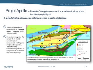 Vers une exploration minière durable au Q uébec
Présentation corporative – Juin 2016
Concentration de grains d’or
dans le till: 46 des 79
échantillons de till
contenaient de 1 à 19 grains
d’or (Finneth Exploration,
1987, GM 46862).
Concentration significative en
aval glaciaire du cisaillement
de la rivière Waswanipi.
8 métallotectes observés en relation avec le modèle géologique
8
20
Projet Apollo – Potentiel Or orogénique associé aux roches alcalines et aux
intrusions porphyriques
Valeurs aurifères dans la
fraction fine du till: Plusieurs
valeurs > 0,5 g/t Au (Inco
1988, GM 48222)
7
Lac
Olga
Lac au
Goéland
Rivière Waswanipi
2,36 g/t Au sur 1m
0.55 0.55
0
0
0.41
0
2.12
4.94
0.50.6
1.9
0.3
1.77
0.3
1.36
Carte thématique du nombre de grains d’or trouvés dans le till et les valeurs
aurifères dans la fraction fine du till du feuillet 32F15.
4.94
Grains d’or dans le till
(Nombre de grains d’or)
Fraction fine du till
(g/t Au)
0 2 4
kilomètres
 